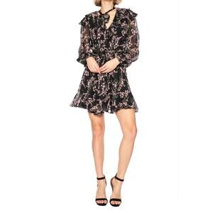 ZIMMERMANN Black Floral Chiffon Fleeting Flounce Long Sleeve Mini Dress Size 3